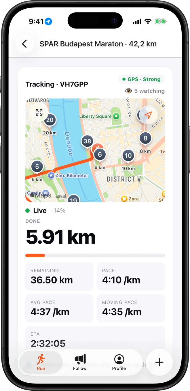 Cheerlifys løberapp midt i løbet: live-position på rutekortet, tempo og næste cheer
